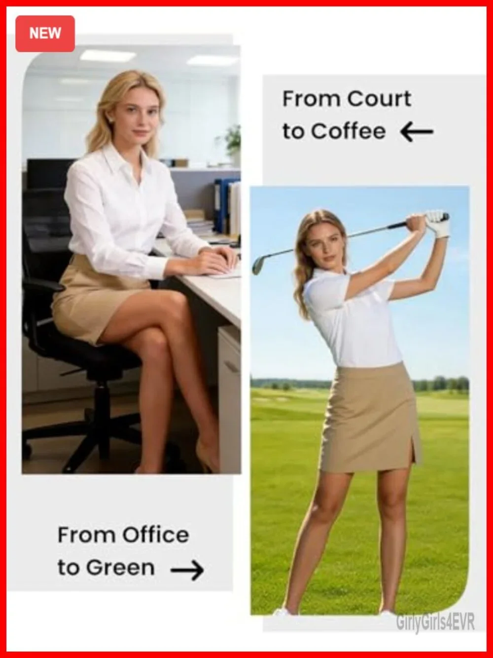 Women's Knee Length Golf Skort with Side Zipper, Pockets, Mesh Liner, Quick Dry